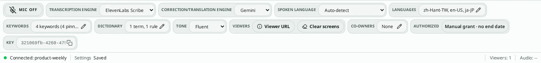 Control panel toolbar and status bar